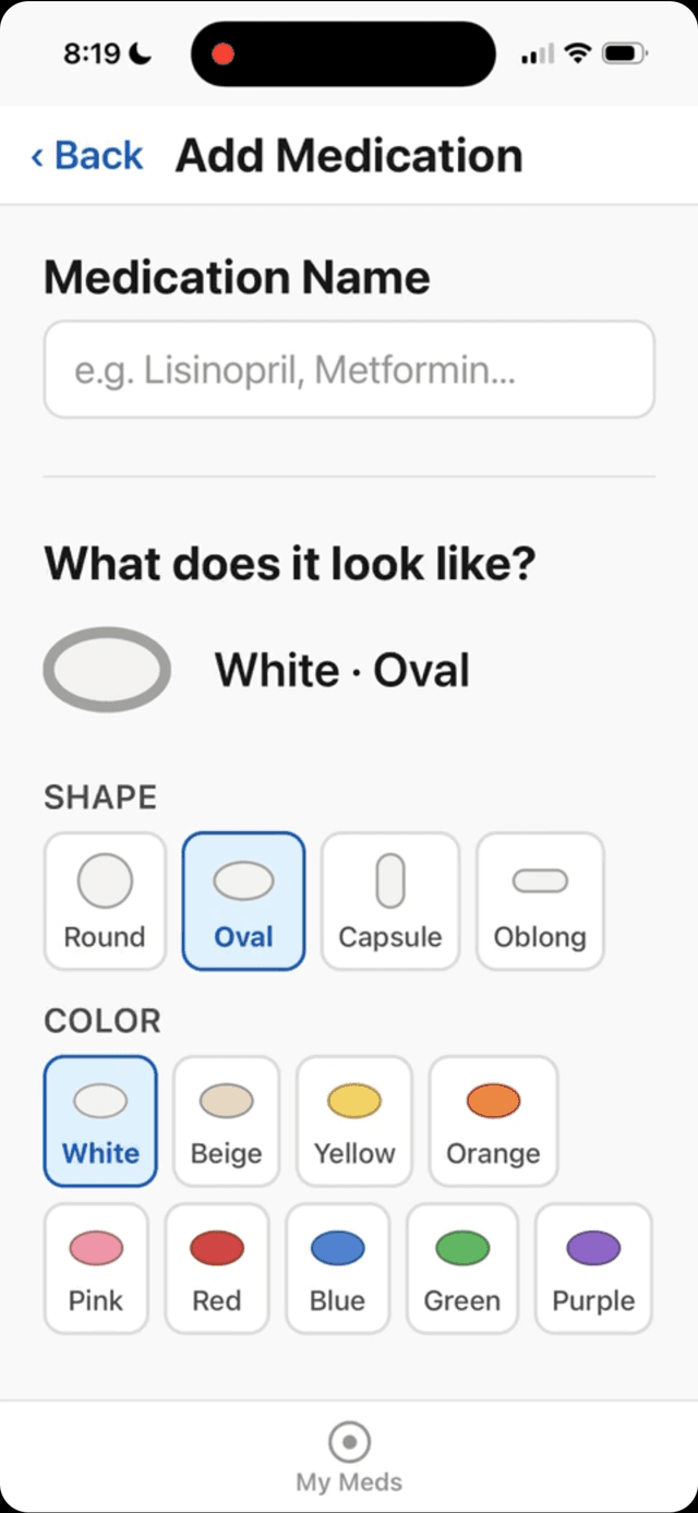 Add Medication screen where a caregiver enters the medication name and picks the pill's shape and color