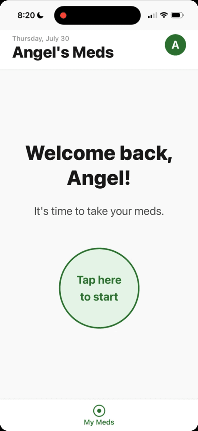MedDementia welcome screen: 'Welcome back, Angel! It's time to take your meds' with one large 'Tap here to start' button