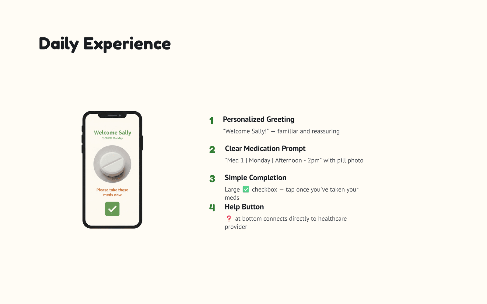 MedDementia 'Daily Experience' overview: a phone showing the medication check-in screen with a personalized greeting, pill photo, and large checkbox