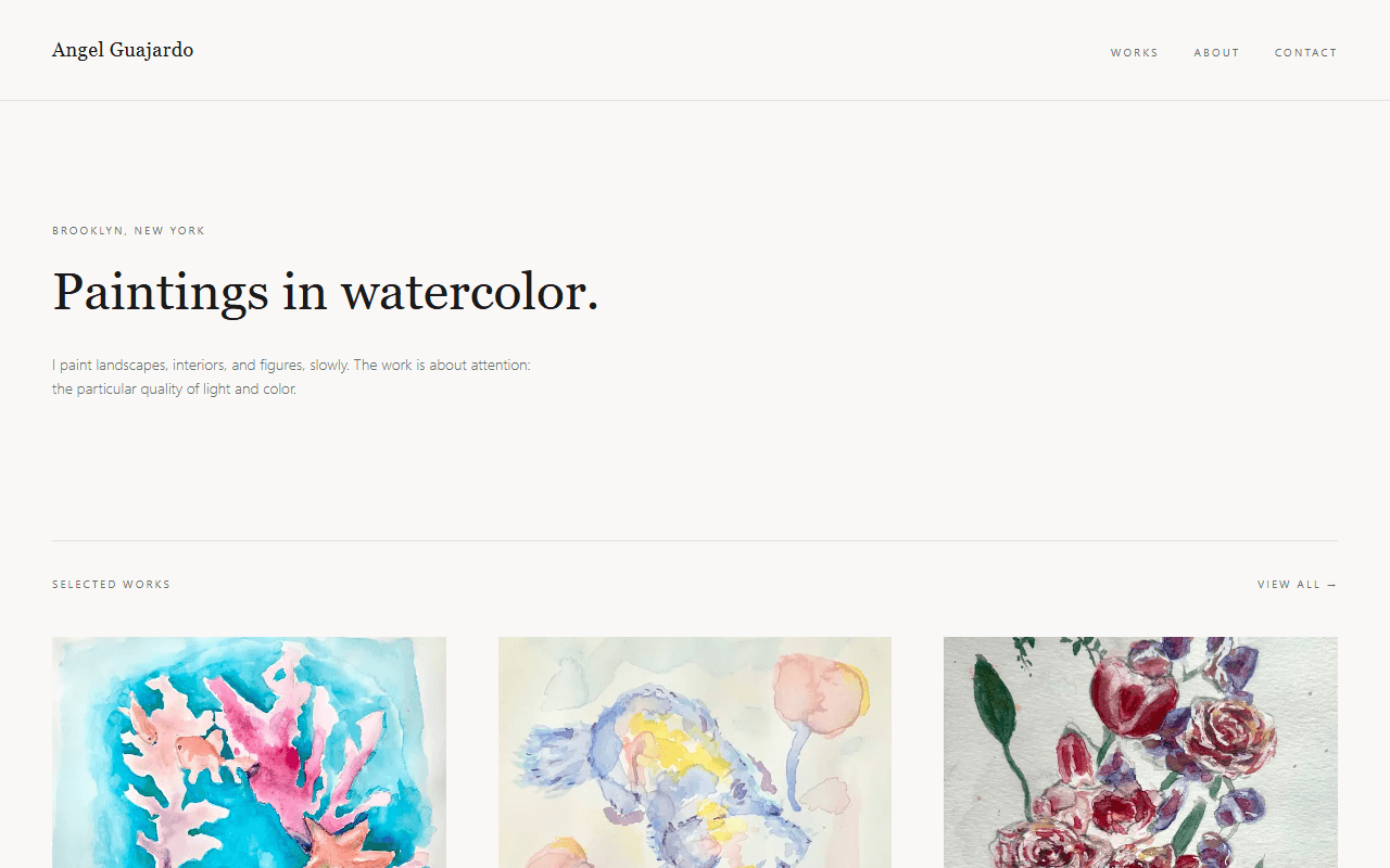 Homepage of the artist website: 'Paintings in watercolor' heading above a gallery of three watercolor paintings