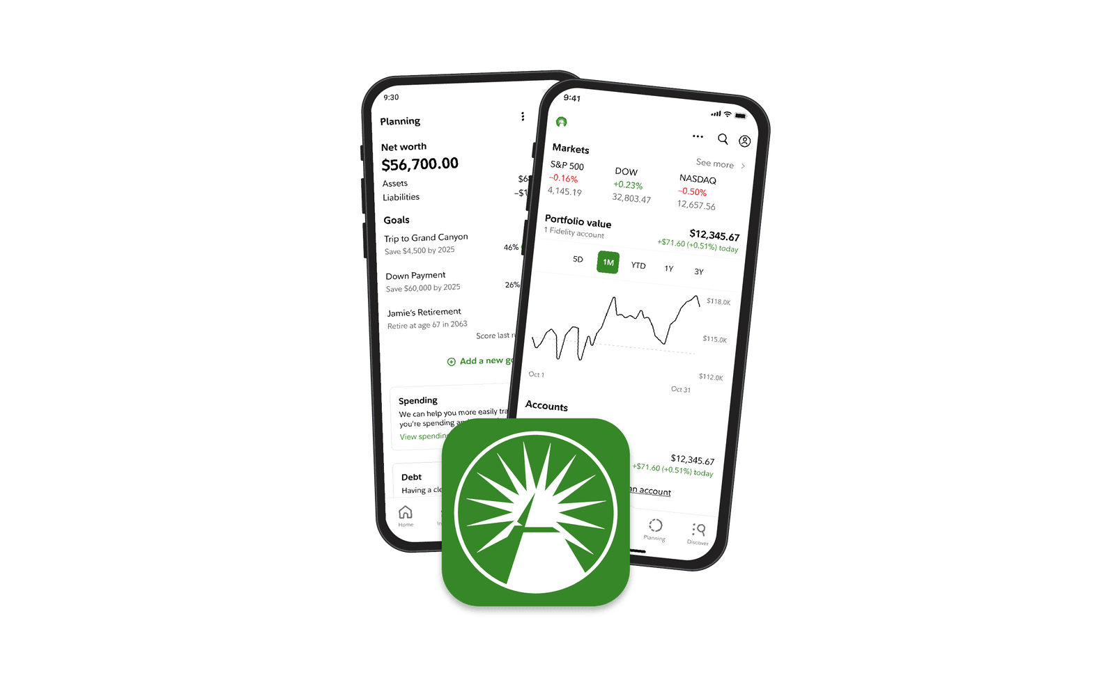 Two iPhones showing the Fidelity app's planning and markets screens, with the Fidelity logo